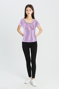 高系列春夏镶砖百搭甜美修身浅紫色短袖针织女装上衣2E336