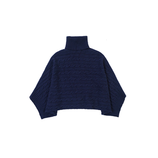 美系经典女款羊毛羊绒，藏蓝色高领套头扭绳提花，短袖针织斗篷毛衣