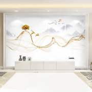 8d电视背景墙壁纸新中式，客厅装饰抽象线条意境，山水影视墙布壁画