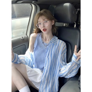条纹长袖防晒衬衫女夏季韩版2023糖果色宽松中长款薄款空调衫