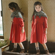 秋冬季童装女童，韩版红色长袖圆领双层纯棉连衣裙中大儿童圣诞长裙