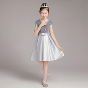 女童灰色幻彩钢琴礼服，演奏裙公主裙儿童，小提琴亮片表演服短款短袖