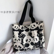 可爱大熊猫双面图案有拉链帆布包包男女同款手提书包袋环保布袋潮
