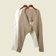 欧美风蝙蝠袖白色披肩针织外套，秋冬高腰不规则粗线短款毛衣开衫