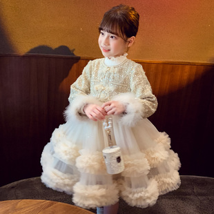 女童小香风连衣裙冬装，2024洋气儿童，加绒网纱公主裙女孩新年装