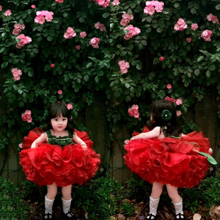 周岁女孩 礼服裙大红色花朵造型玫瑰花爸爸小情人公主裙蓬蓬儿童