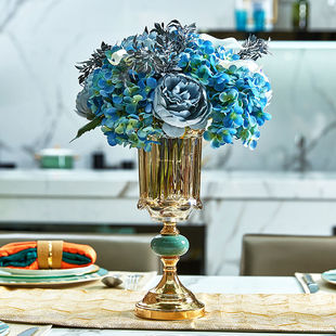 轻奢金色金属水晶玻璃，花瓶欧式样板房客厅餐桌，台面装饰花瓶套装