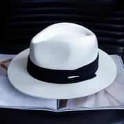 法式平沿礼帽男女时尚，宽檐羊毛呢爵士帽子，白色百搭大头围