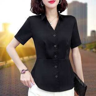 黑色雪纺衬衫女短袖，2024夏装收腰显瘦衬衣，气质通勤职业装工作上衣