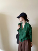此外韩版宽松v领针织开衫女秋季学院风简约绿色高级感毛衣潮