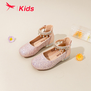 红蜻蜓童鞋秋季公主小高跟水钻舞蹈表演演出鞋水晶皮鞋软