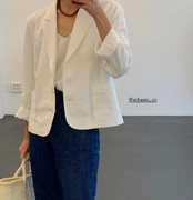 春夏季韩国设计师白色亚麻西服女外套老钱风舒适通勤休闲夹克上衣