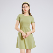 法式纯色短袖连衣裙，女2024夏季时髦气质修身弹力显瘦a字裙子