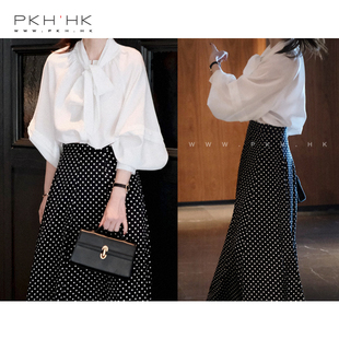 PKH.HK特春夏重磅时髦温柔可拆造型系带黑白珠光轻熟衬衣