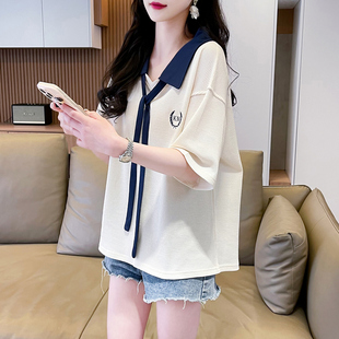 华夫格设计感polo领短袖t恤女韩版宽松大码夏装拼色假两件上衣服