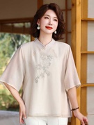 妈妈夏季雪纺衬衫中袖T恤中年女复古新中式国风上衣改良汉服