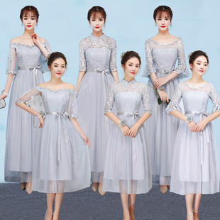 2020夏季伴娘礼服女韩版姐妹团中长款闺蜜装灰色加大码连衣裙
