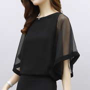 雪纺衫女短袖2023夏季韩版宽松洋气，黑色时尚网纱半袖显瘦上衣