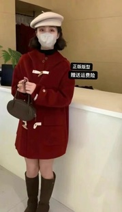 韩版高品质连帽牛角扣双面，羊绒大衣女，2024中长款羊毛大衣春季