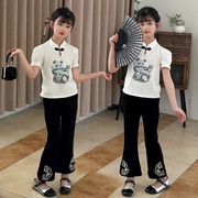 女童国风烫钻盘扣短袖T恤套装2024夏款新中式儿童喇叭裤两件套潮