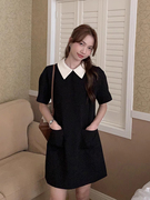 韩国chic夏季复古气质POLO领口袋高腰显瘦小个子短袖A字连衣裙女