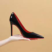 欧美尖头浅口细跟性感红底高跟鞋红里黑色漆皮工作单鞋32-43婚鞋