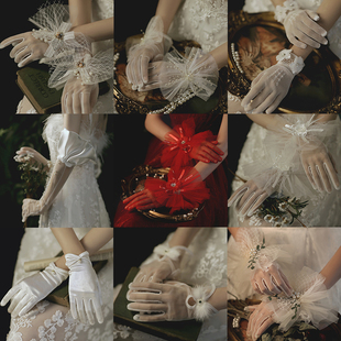 新娘手套黑白蕾丝红色结婚礼服秀禾服白纱婚纱缎面优雅复古手套