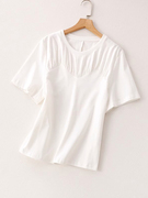 潮!春夏设计褶皱，独特短袖t恤女白色，高级感短款柔软舒适上衣