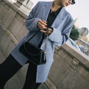 hsusavi同款savislooktot蓝紫色亚麻，混纺双排扣宽松西装外套