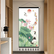 新中式荷花九鱼图挂布背景(布背景，)布客厅(布客厅，)玄关入户走廊装饰布艺挂画挂毯