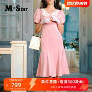 m-star明星系列夏季粉色，复古娃娃领连衣裙，女鱼尾裙短袖裙子