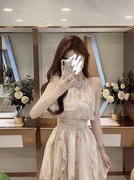 小众设计重工闪钻挂脖吊带碎花性感辣妹裙雪纺连衣裙女夏2023