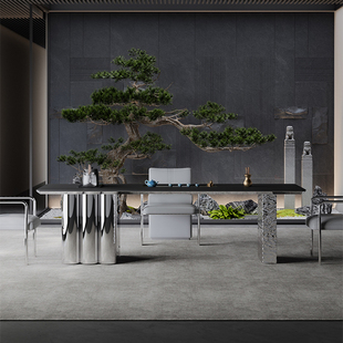 轻奢岩板茶桌家用创意设计师不锈钢茶台现代简约办公室亚克力茶桌