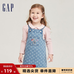 gap女幼童秋季logo小熊，印花牛仔背带裙，儿童装洋气连衣裙794518