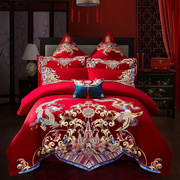 结婚大红刺绣四件套床上用品新婚庆(新婚庆)六件套，龙凤绣花婚礼陪嫁八件套