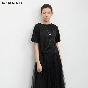 sdeer圣迪奥夏装女装圆领雪纺印花拼接黑色T恤S23260102