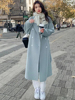 蓝色羊绒呢子大衣女2023秋冬季宽松中长款系带赫本风毛呢外套