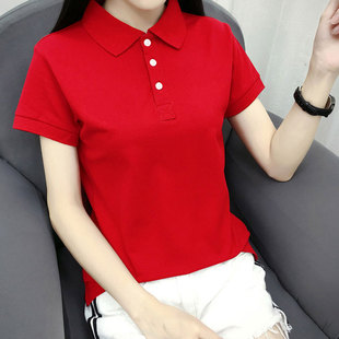 夏季翻领t恤女短袖带领上衣，红色有领子半袖，工作服定制纯棉polo衫