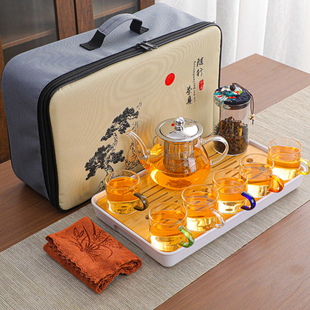 便携式旅行耐高温玻璃功夫茶具家用茶盘套装户外茶具车载茶壶