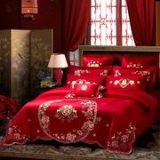 结婚庆被套床上四件套，全棉纯棉刺绣喜被罩4件大红色婚房喜庆床品