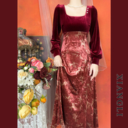 巷里新中式红色连衣裙女宴会订婚敬酒晨袍气质高级感礼服丝绒长裙