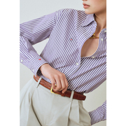 三所vintage 经典版日本进口面料刺绣宽松精裁纯棉条纹长袖衬衫
