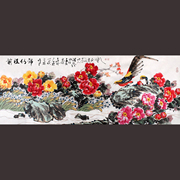 新中式客厅壁画挂画名家纯手绘国画牡丹花鸟横幅六尺无框宣纸画芯