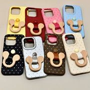木头米奇支架适用苹果16手机壳iPhone15/14PROMAX皮纹华为PURA70情侣NOVA13PRO软壳MATE60卡通VIVO小米15红米