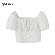韩系早春穿搭gcrues法式泡泡袖衬衫2024白色衬衣短袖甜美方领