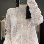 圆领勾花镂空100%纯羊绒开衫女气质，纯色长袖毛衣休闲洋气羊毛外套