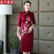 妈妈装婚宴真丝刺绣旗袍喜婆婆婚礼旗袍裙婚宴服春秋气质长袖旗袍