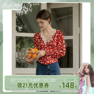 SimpleRetro花房故事 红色蕾丝v领碎花衬衫女春长袖短款法式小衫