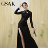 新中式改良旗袍黑色性感镂空立领复古显瘦连衣裙单侧高开衩长款女