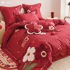 法式浪漫花卉结婚床单四件套全棉，纯棉100s喜被大红色婚庆床上用品